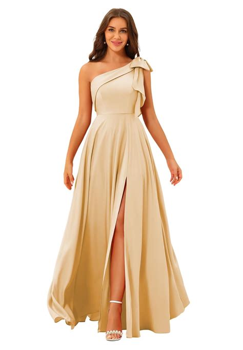 BITALY Champagne Satin Ruched Bridesmaid Dresses 2025 Long with Bow One