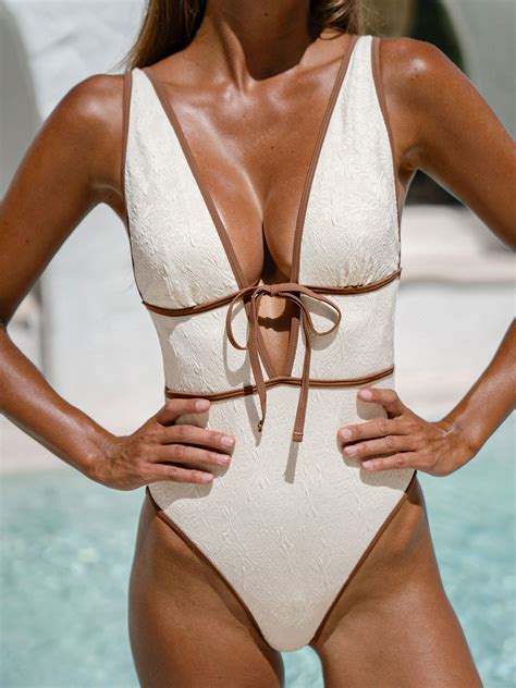 Off White V Neck Tie One-Piece Swimsuit & Reviews - Off White