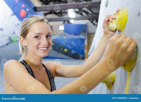 Happy Climber Climbs Route on Climbing Wall Stock Image - Image of ...
