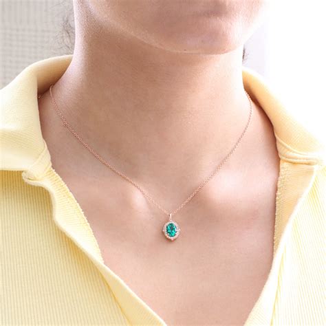 Vintage Green Emerald Necklace Rose Gold Oval Emerald Diamond Pendant