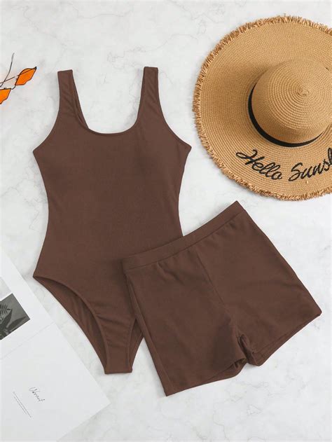 Plain One Piece Swimsuit With Beach Shorts | One piece swimsuit with
