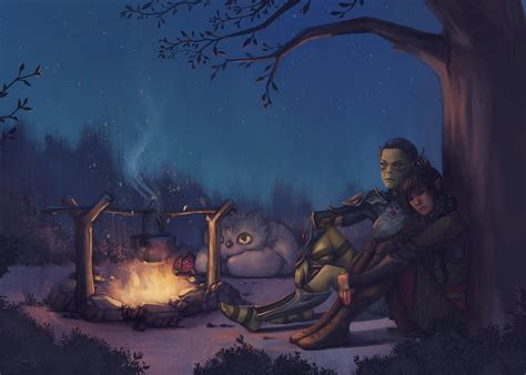 [Fanart] “At the Camp”, featuring Lae’zel, Shadowheart, owlbear cub and