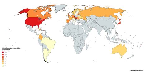 Number of Pornstars per million population [OC] [6300x3140] : MapPorn