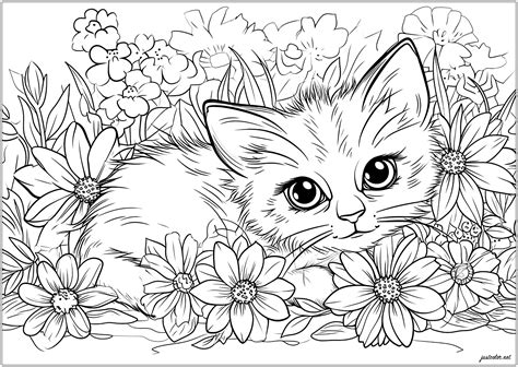 Petit chat à colorier, entouré de jolies fleurs - Coloriages de Chats à