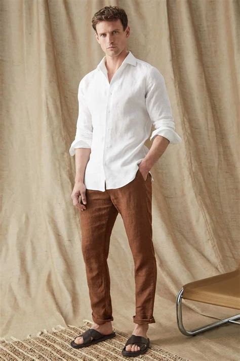 mens brown pants white linen shirt  black leather sandals outfit