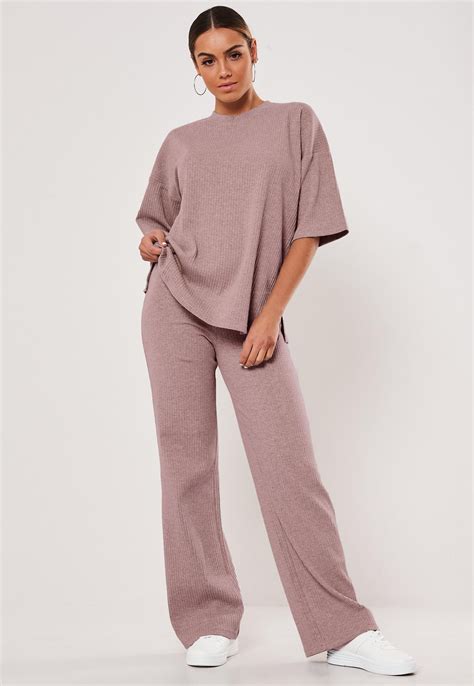 missguided pink rib  shirt  wide leg trousers  ord set garden