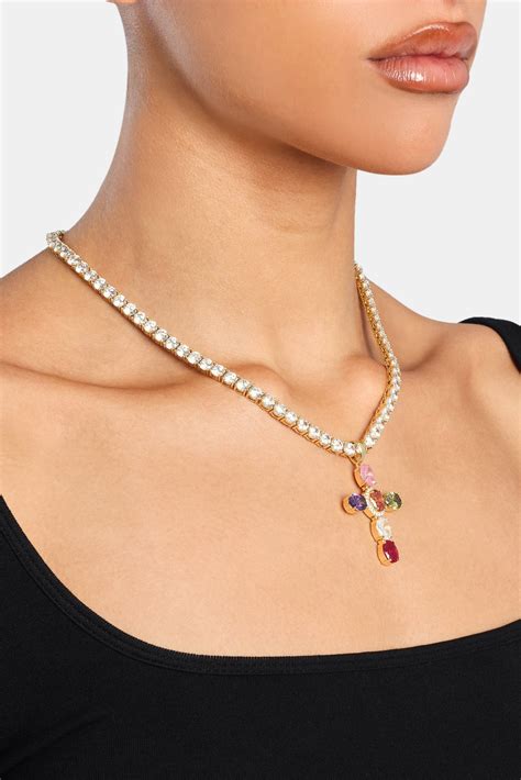 Multi Colour Gem Cross Pendant - Gold | Womens Pendants | Shop Cross