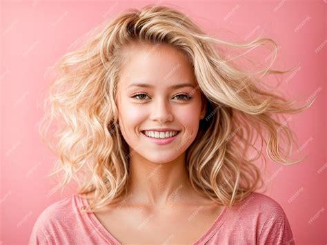 Premium Photo | Portrait of happy pretty girl with blonde hair on pink ...