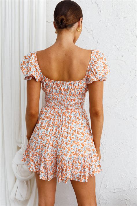 Shop the Amilie Shirred Waist Sundress Dainty Floral Orange | Selfie Leslie