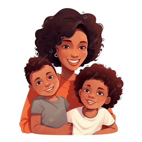 Cartoon Character With African American Mom And Son Embrace Mother Is