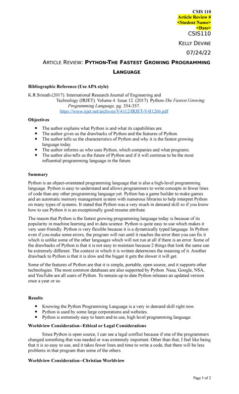 Article Review Template The most influential programming language Kelly