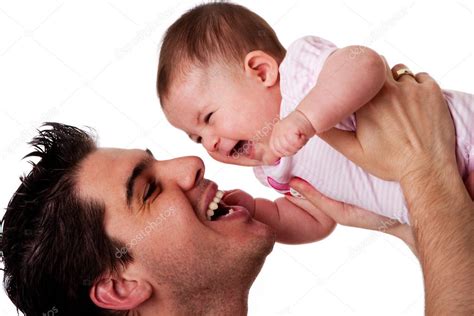 Happy laughing father and baby daughter — Stock Photo © phakimata #3056304