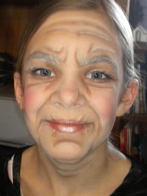 my 11 year old in stage make up for her role as Granny in Little Red