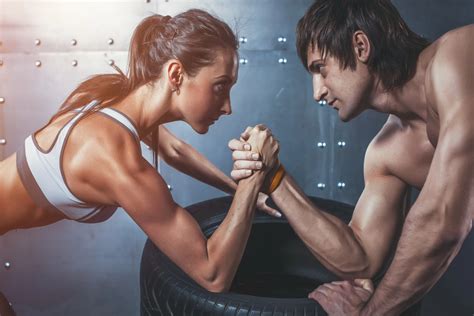 Man Woman Arm Wrestling Concentration Physical State Living Room Home