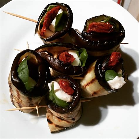 Grilled Aubergine, Mozzarella, Basil and Sundried Tomato Bites - Raw