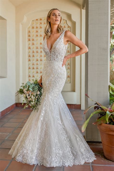 T252024 Leah - Dramatic Sequin Lace Mermaid Gown with Plunging
