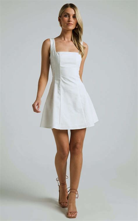 Adiana Mini Dress - Linen Square Neck Shirred Back A Line Dress in Off