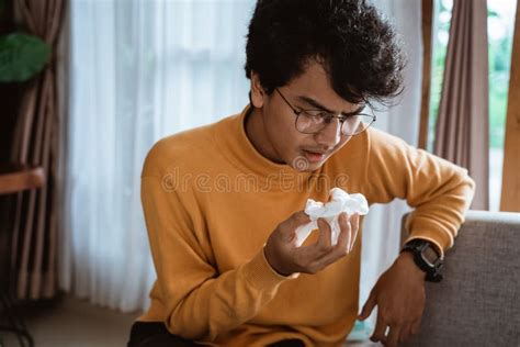 Coughing Blood. Pneumonia. Sick Man Hold Napkin with Blood. Sickness ...