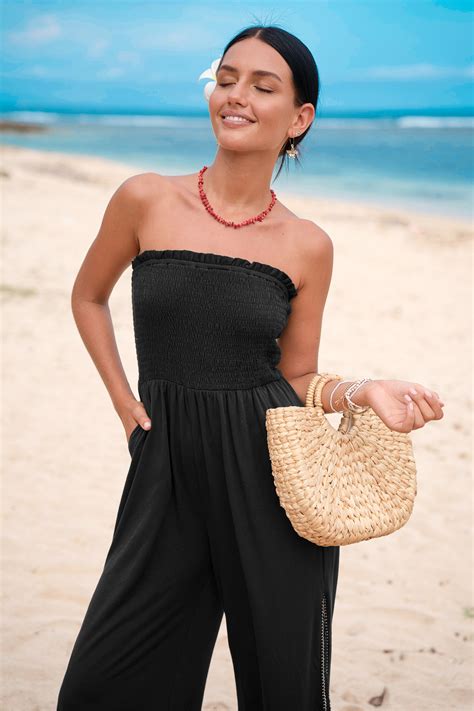 Black Smocked Strapless Jumpsuit