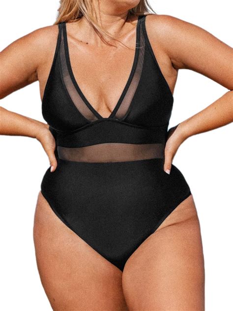 Cupshe Women Plus Size One Piece Swimsuit V Neck Mesh Sheer Tummy