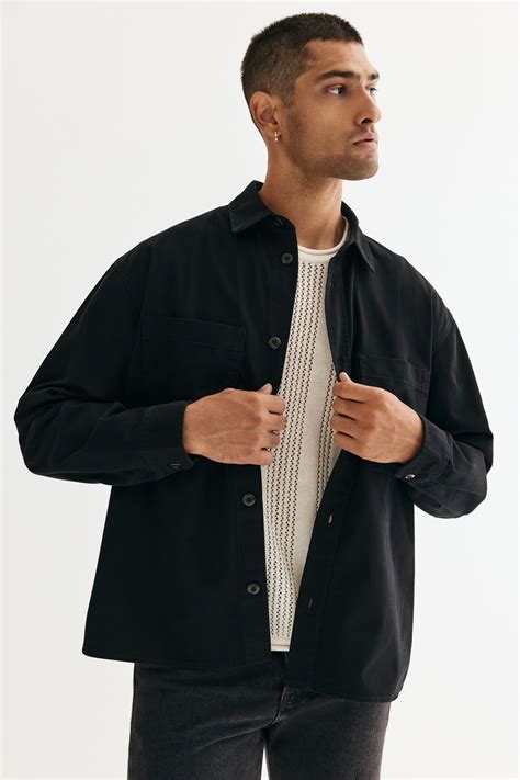 mens black relaxed fit twill overshirt hm