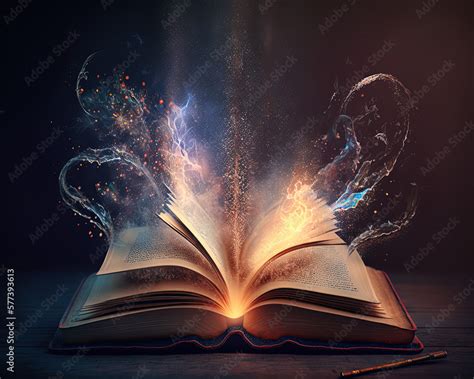 magic book with knowledge light, magical swirls and power, very old ...