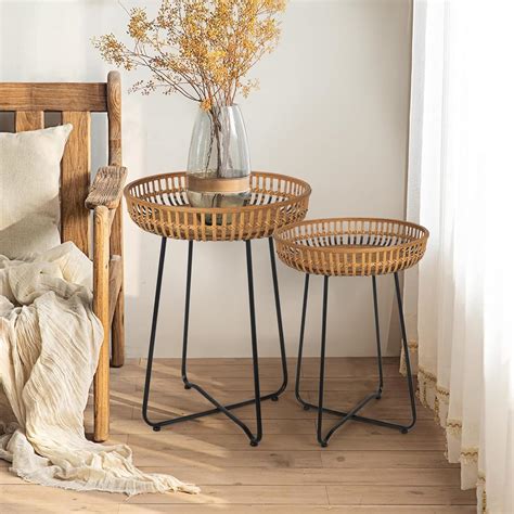 Oakrain Rattan Side Table, Nesting Tables, Set of 2, Bamboo Coffee with