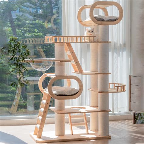 KZLAA 76.7 H Large Solid Wood Cat Tree Multi-Level Tall Cat Tower Cat