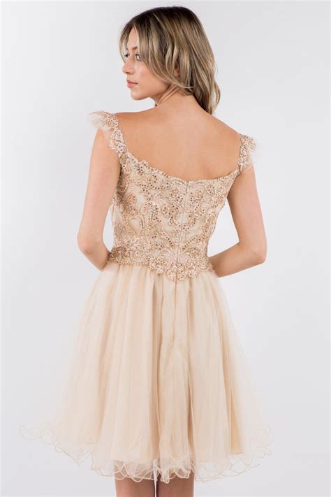 Champagne Embroidered Ruffle Short Homecoming Dress - Homecoming Dresses