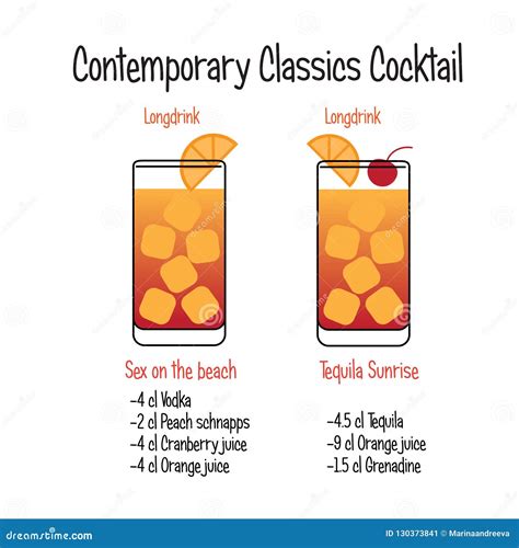 Sex on the Beach Cocktail and Tequila Sunrise Cocktail Recipe Stock