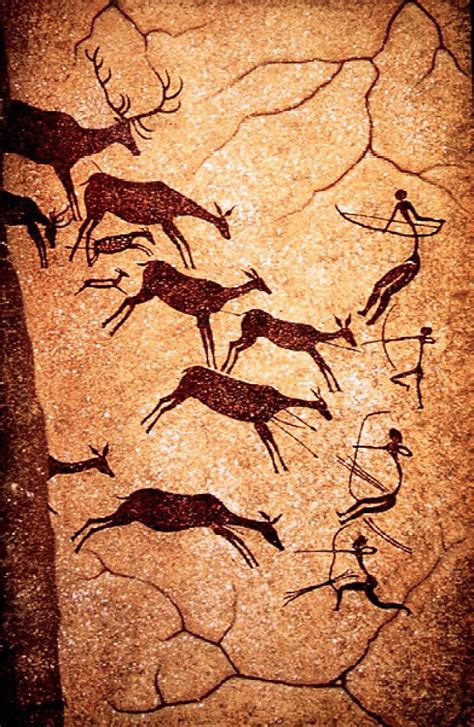 Prehistoric cave painting of a deer herd and hunters, Paleolithic 15 ...