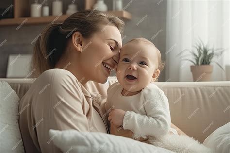 portrait   smiling loving mother   cute happy baby  home