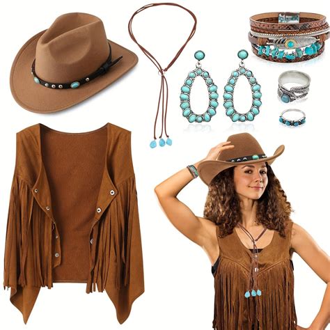 Womens 7pcs Retro Western Cowgirl Costume Set With Jewelry Accessories