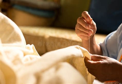 woman handmade sewing thread blanket stock image image