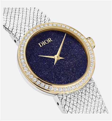 La D de Dior Satine Ø 25 mm, Steel, Yellow Gold, Aventurine and Mother