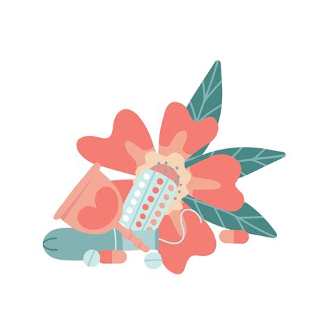 Concept of periods, pain during menstruation. Vials, tablets, pain