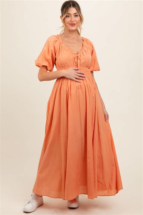 peach smocked puff sleeve maternity maxi dress pinkblush