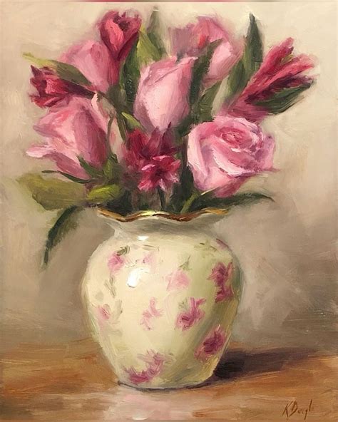 oil  life floral painting pink roses   glass vase  jackie