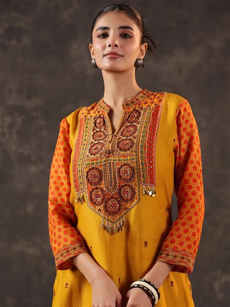 mustard yellow chanderi silk printed yoke style kurti