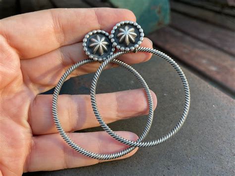 Sterling Silver Hoop Earrings Door Knocker Style by Navajo Verley