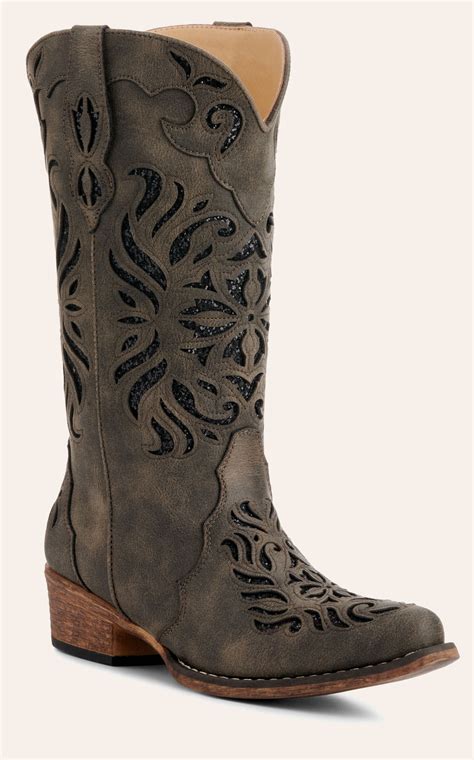 Roper Women's Riley Grey with Black Glitter Inlay Snip Toe Cowboy Boots