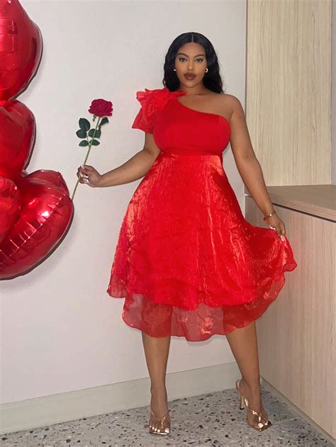 SHEIN Slayr Plus Size Hot Red Shimmery Mesh One Shoulder Dress For