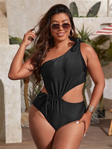 Plus One Shoulder Cut Out Drawstring One Piece Swimsuit | One piece