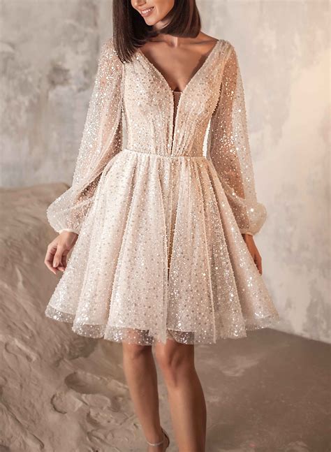 Long Sleeves V-Neck Sparkly Knee-Length Wedding Dresses - Missacc