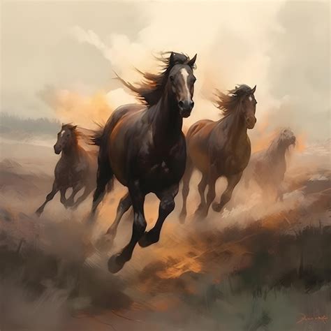 Premium AI Image | A painting of horses running in a field with the ...