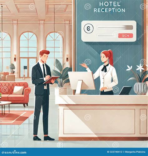 Elegant Cartoon Hotel Reception with Guest and Staff, AI-Generated