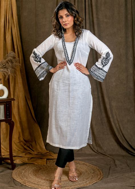 elegant white cotton straight cut kurta  bell sleeves  contrast