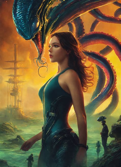 Lexica - Alien tentacle and woman, novel cover. a woman standing in the