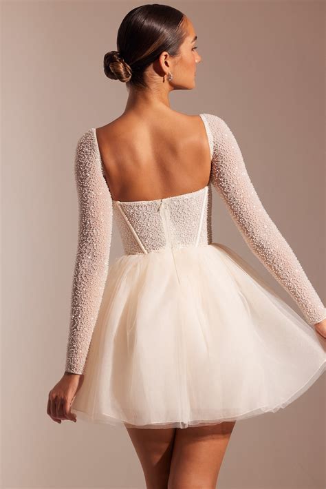 Calliope Embellished Long Sleeve Tulle Skirt Mini Dress in Ivory | Oh Polly