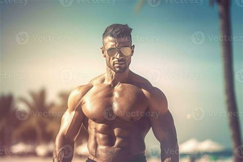 Muscle man beach. Generate Ai 28208943 Stock Photo at Vecteezy